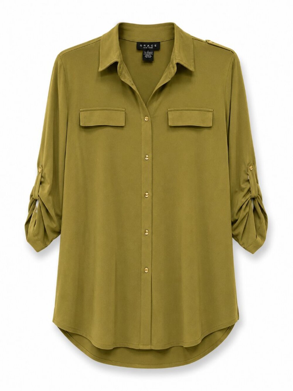 Grace Olive Button Down Collared Long Sleeve Top NWT - Picture 5 of 6